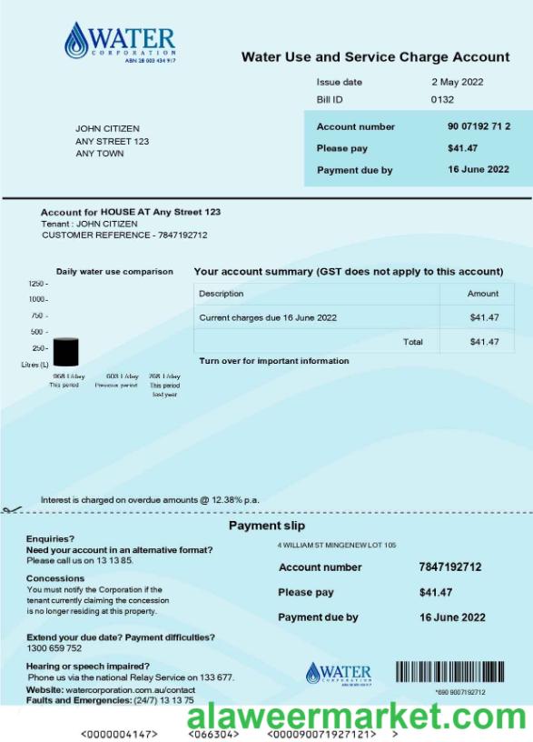 Australia Water Corporation WA utility bill .doc and .pdf template